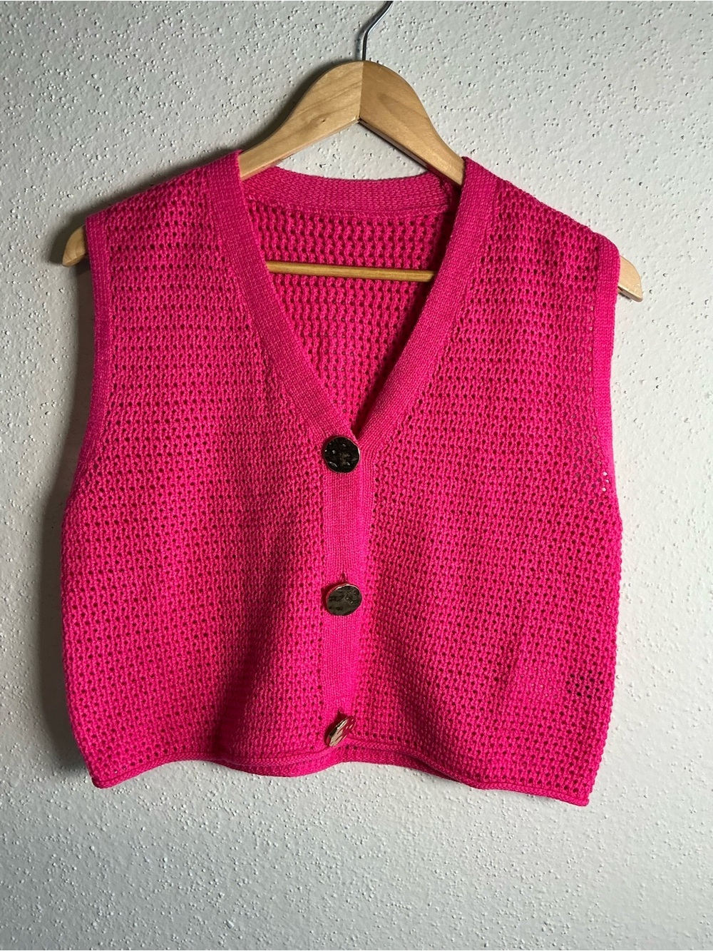 Hot Pink Knit Button-Front Sweater Vest